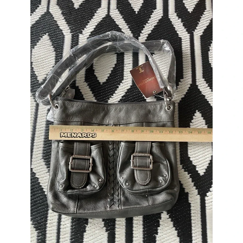 NWT Tignanello Gray Pebbled Leather Hobo Shoulder Bag Braided Buckle Pocket Y2K